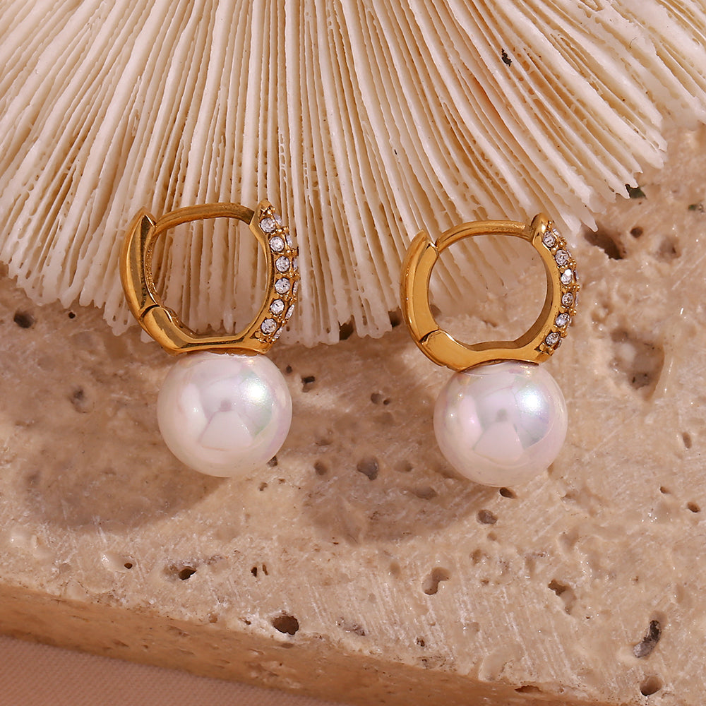 18K Zircon Pearl Huggie Earrings