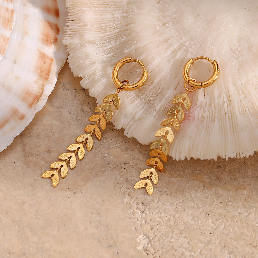 18K Wheat Leaf Chain Dangle Earrings