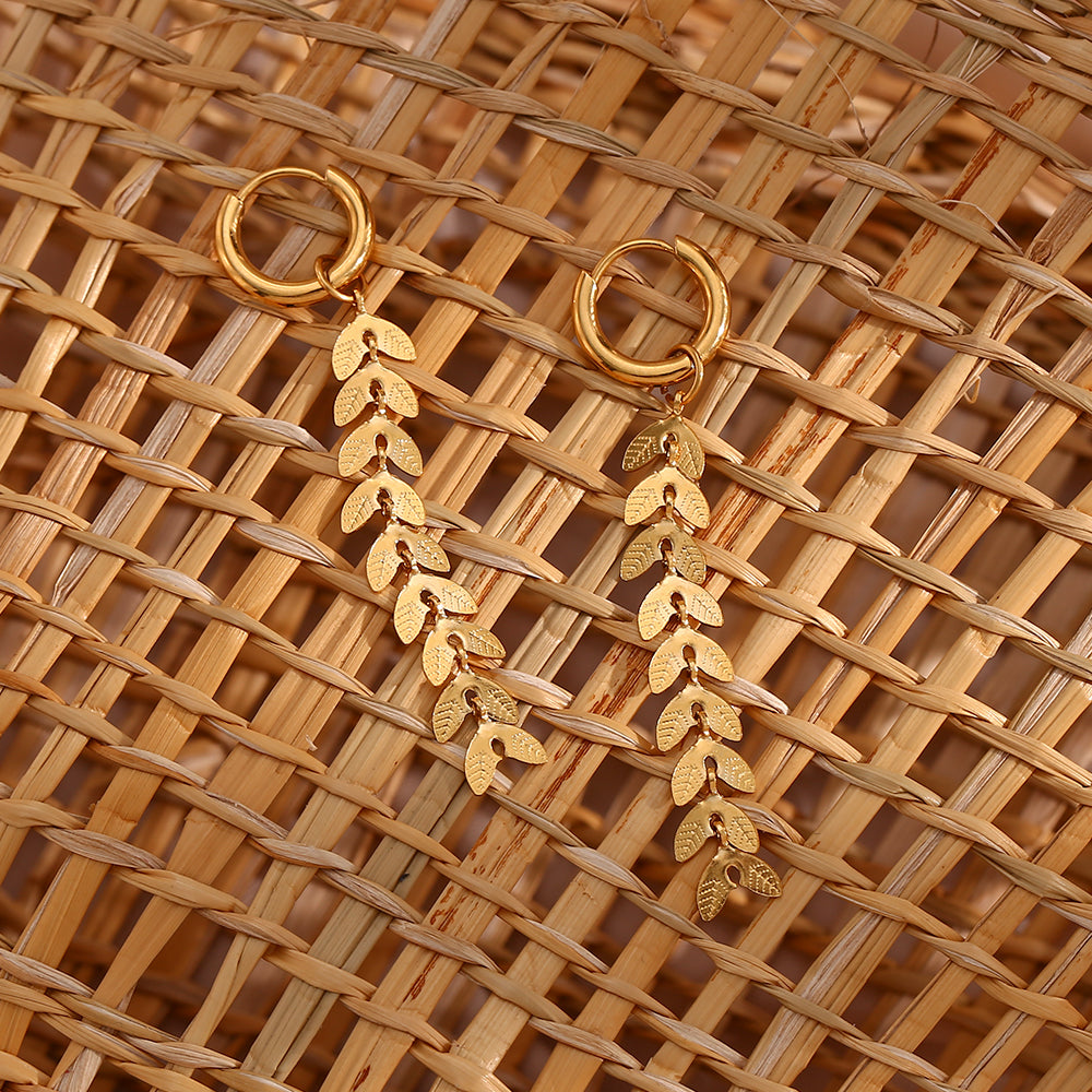 18K Wheat Leaf Chain Dangle Earrings