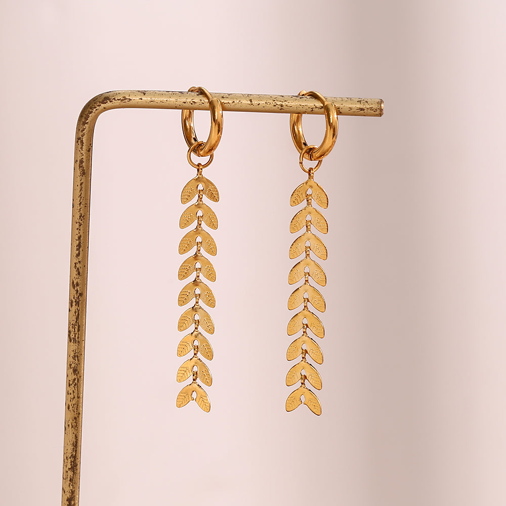 18K Wheat Leaf Chain Dangle Earrings