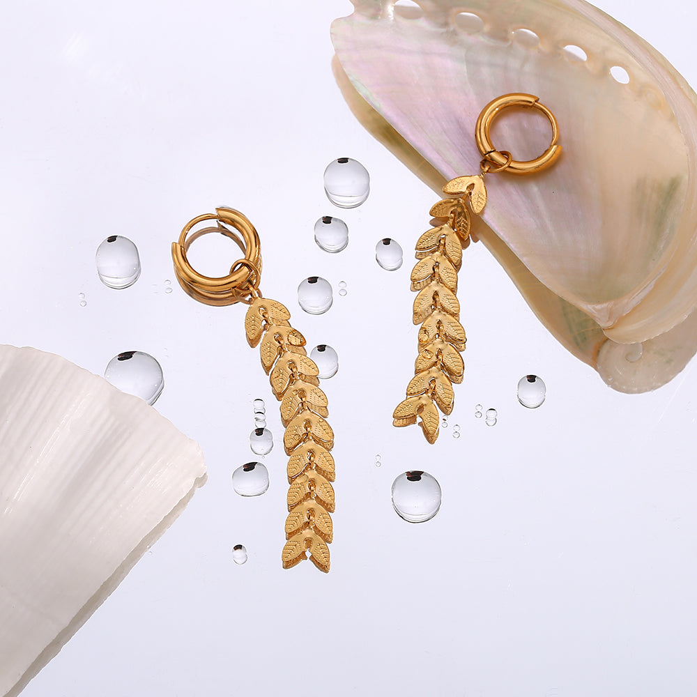 18K Wheat Leaf Chain Dangle Earrings