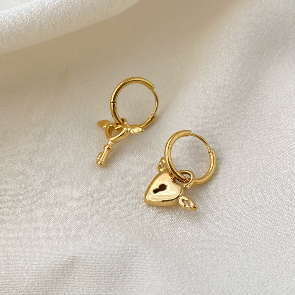 18K Gold Key Heart Drop Earrings