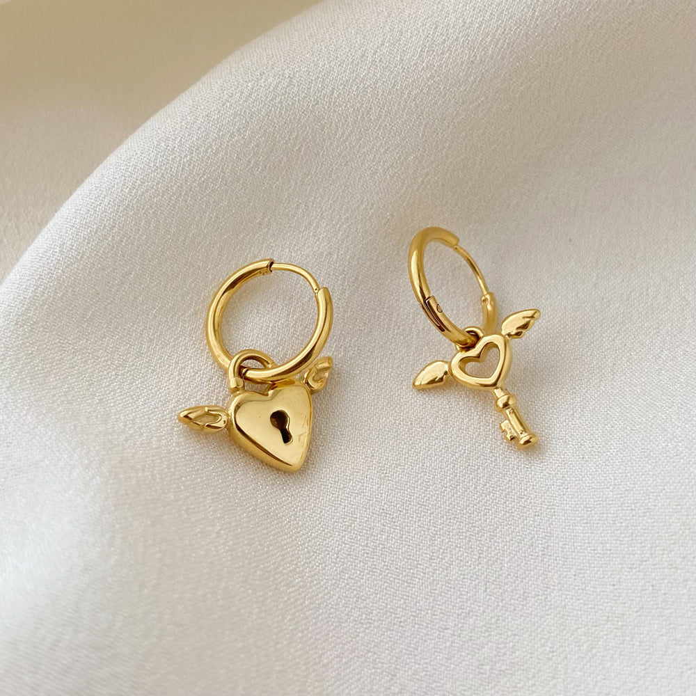 18K Gold Key Heart Drop Earrings