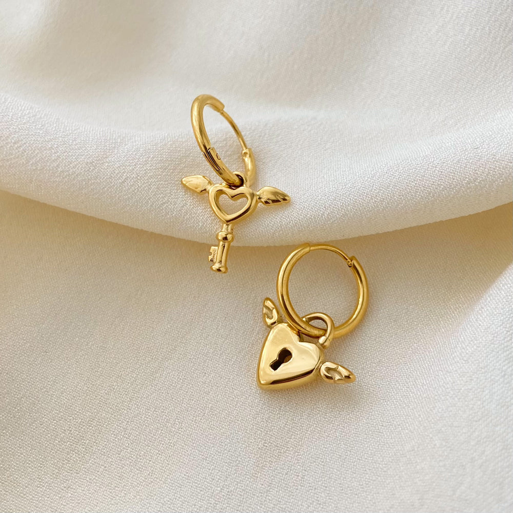 18K Gold Key Heart Drop Earrings