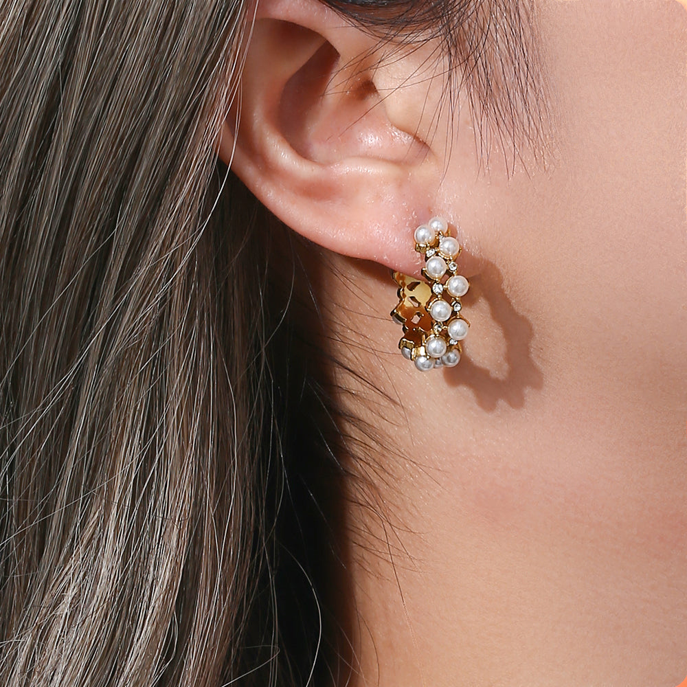 18K White Pearl Zircon Stud Earrings