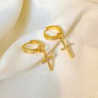 18K Cross Diamond Pendant Huggie Hoop Earrings