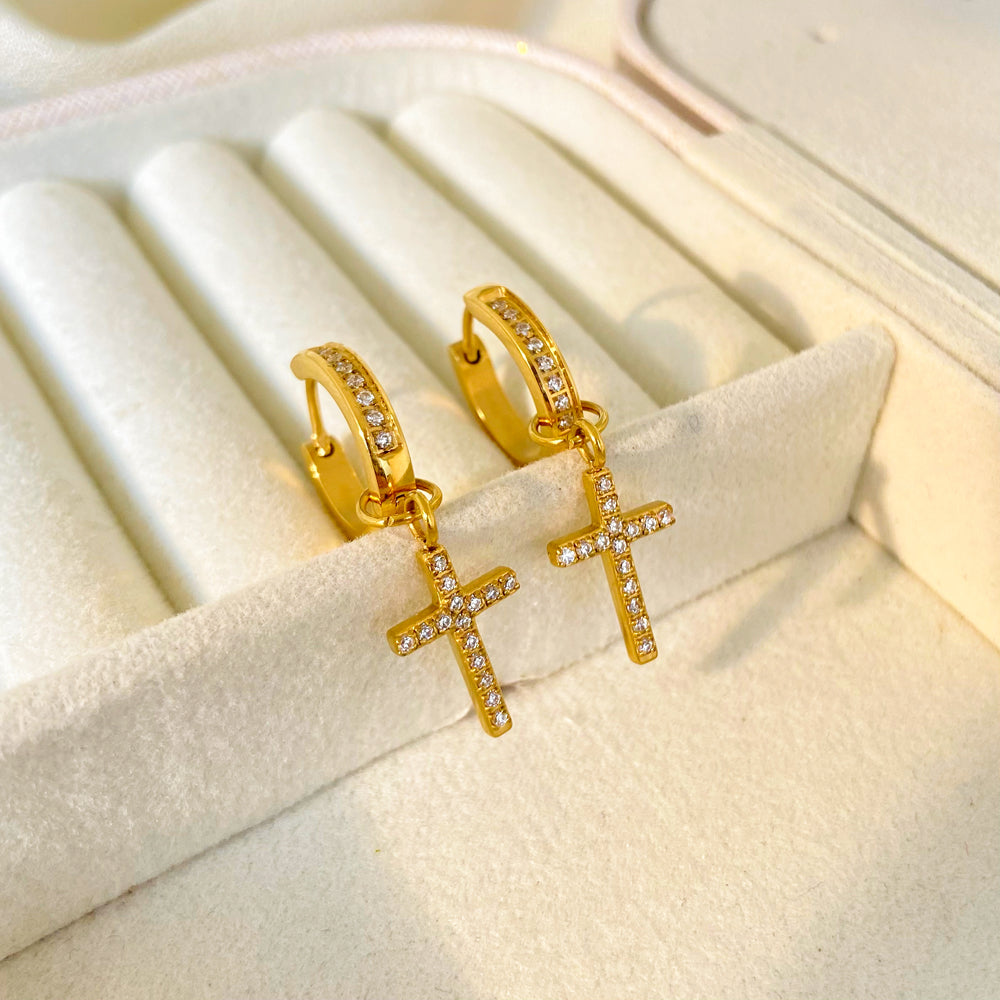 18K Cross Diamond Pendant Huggie Hoop Earrings