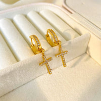 18K Cross Diamond Pendant Huggie Hoop Earrings