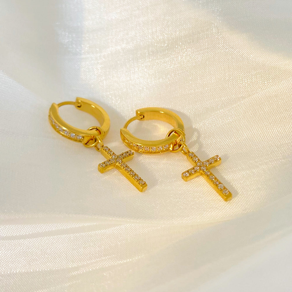 18K Cross Diamond Pendant Huggie Hoop Earrings