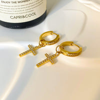 18K Cross Diamond Pendant Huggie Hoop Earrings
