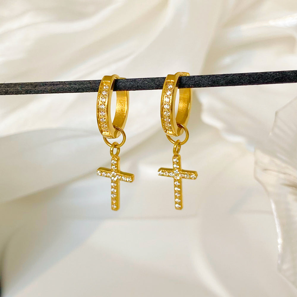 18K Cross Diamond Pendant Huggie Hoop Earrings
