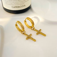 18K Cross Diamond Pendant Huggie Hoop Earrings