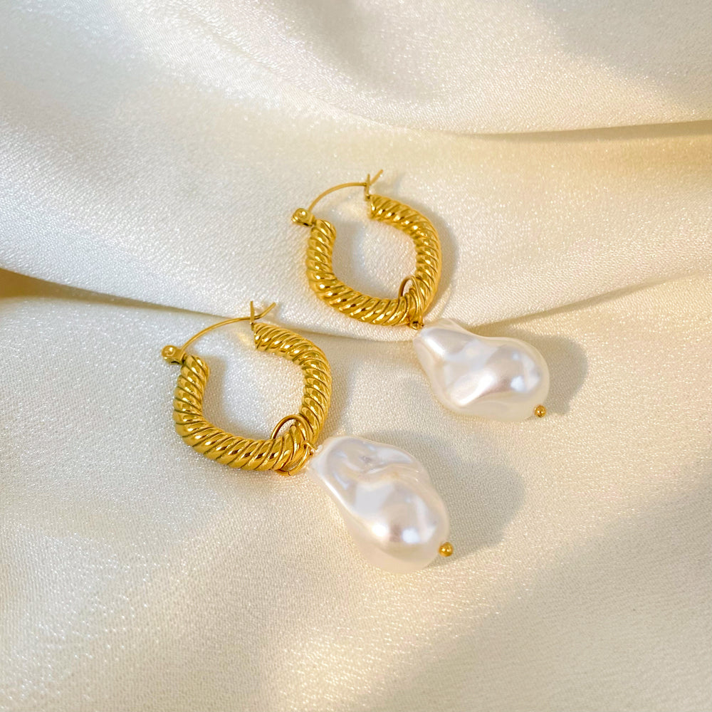 18K Baroque Pearl Hoop Drop Earrings