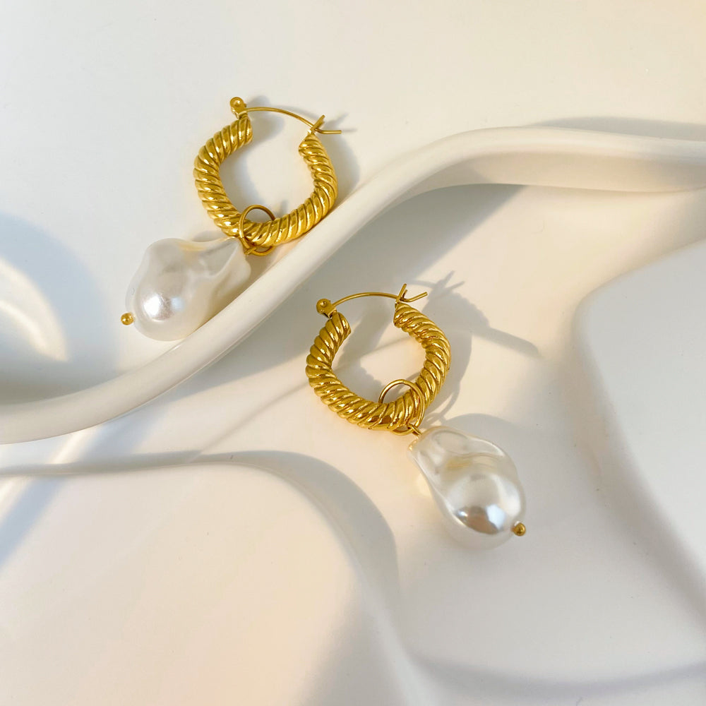 18K Baroque Pearl Hoop Drop Earrings