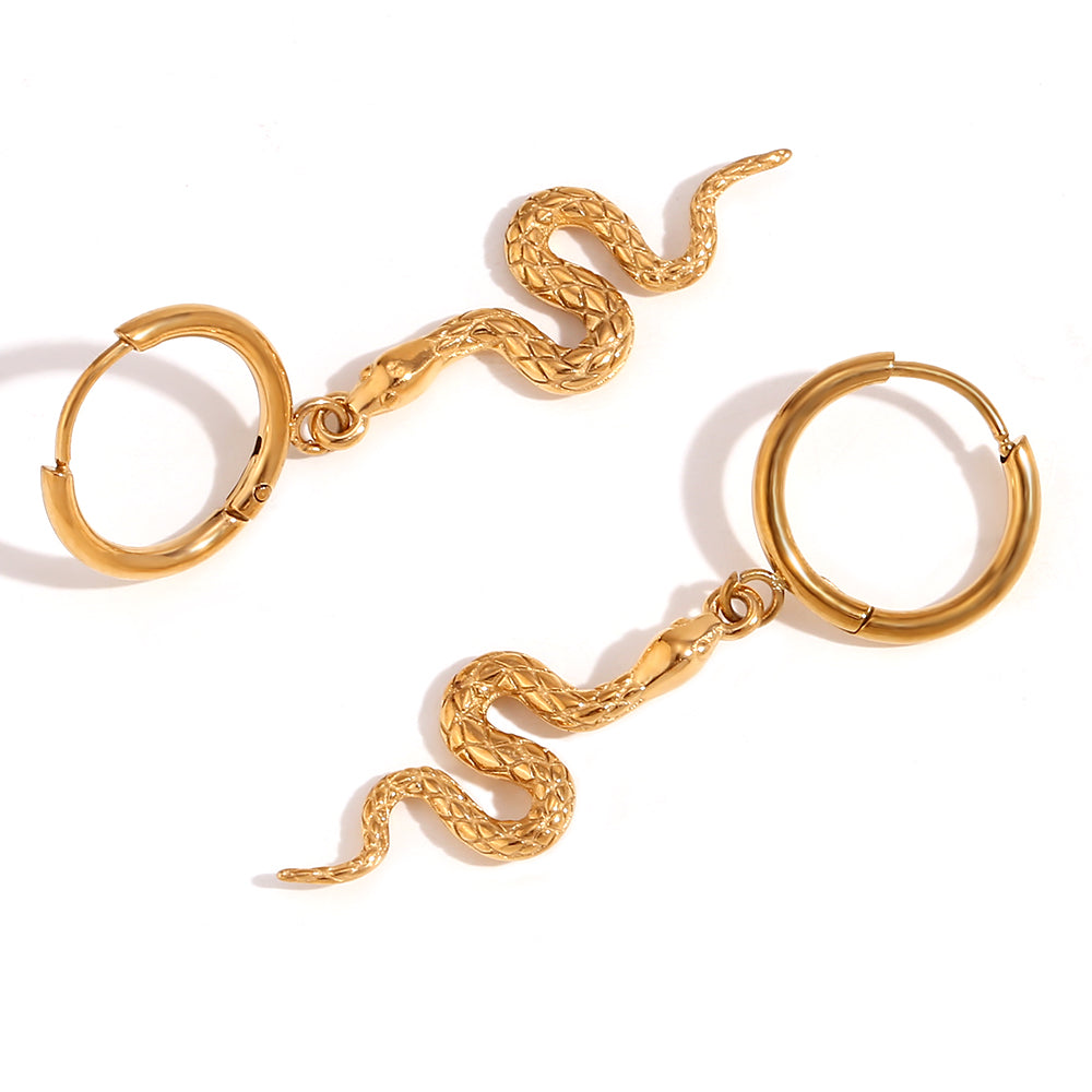 Engraved Snake Hoop Drop Earrings