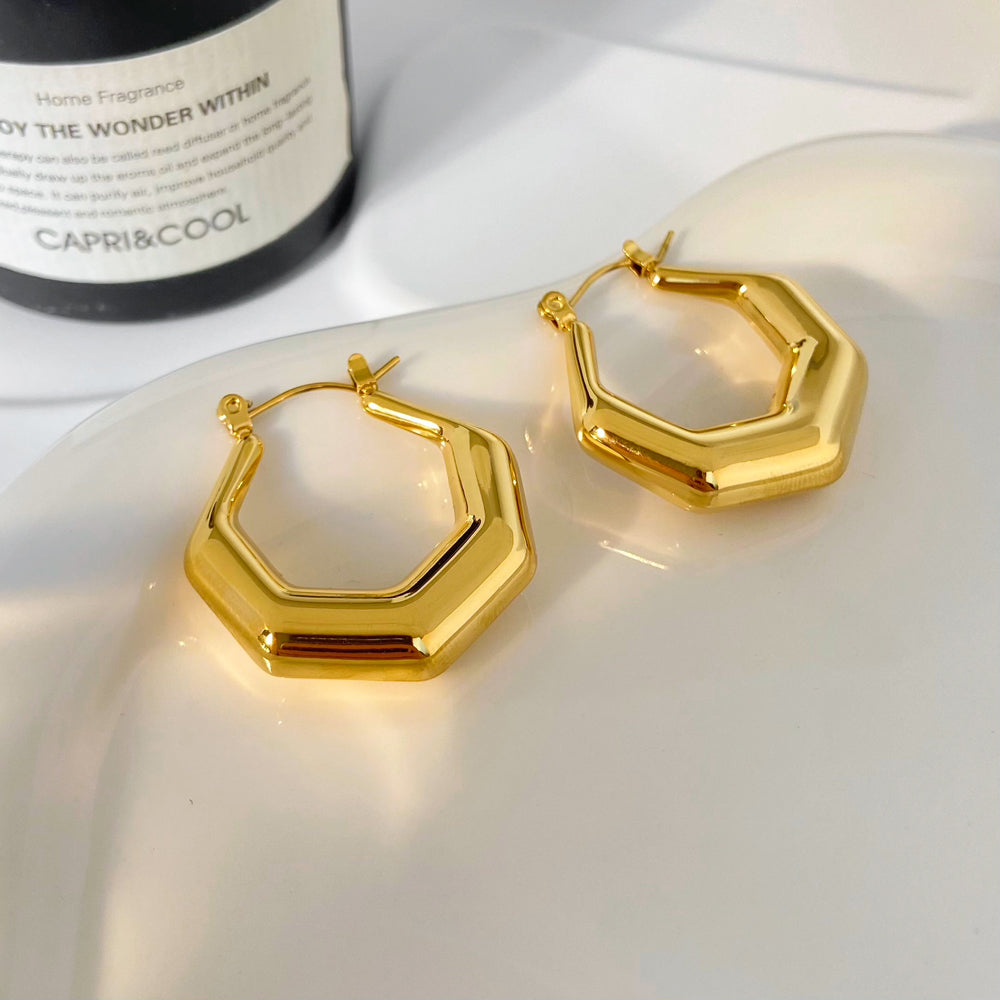 18k Geometric Hex Statement Hoop Earrings