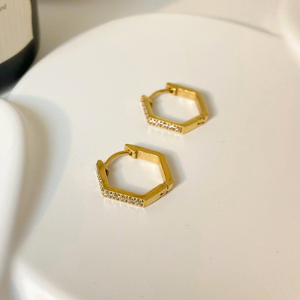 18K Dainty Pave Hexagon Huggie Hoop Earrings