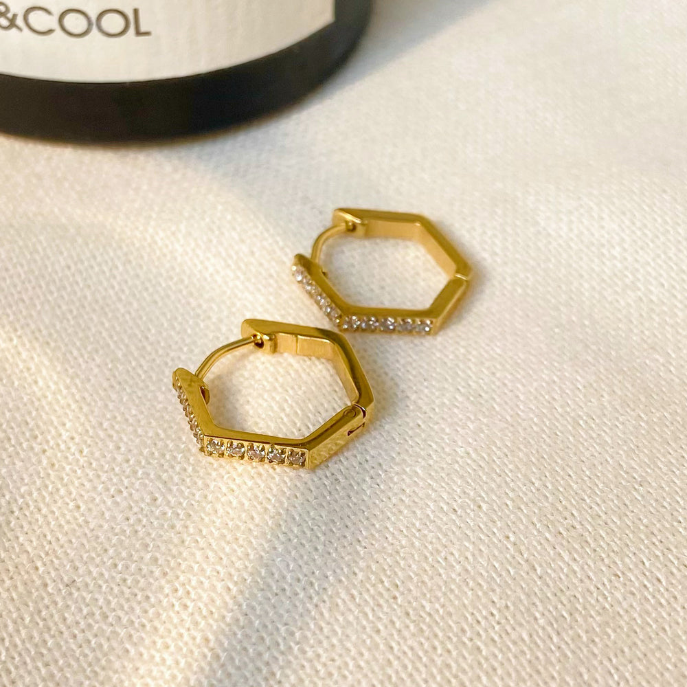 18K Dainty Pave Hexagon Huggie Hoop Earrings