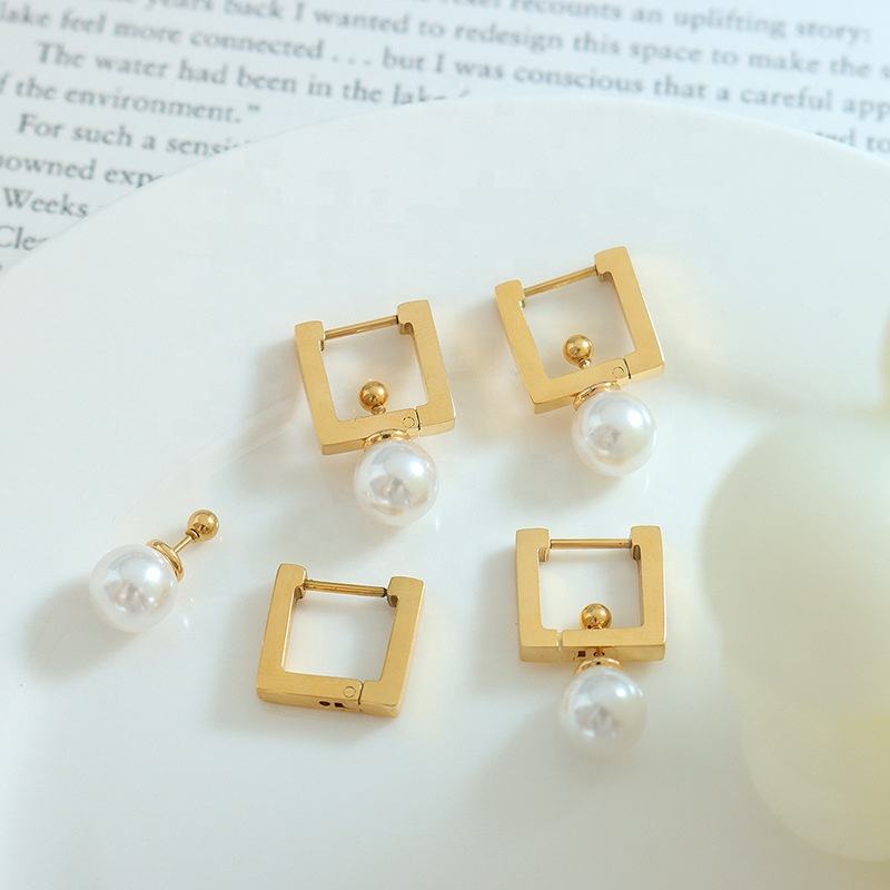 18K Square Pearl Drop Earrings