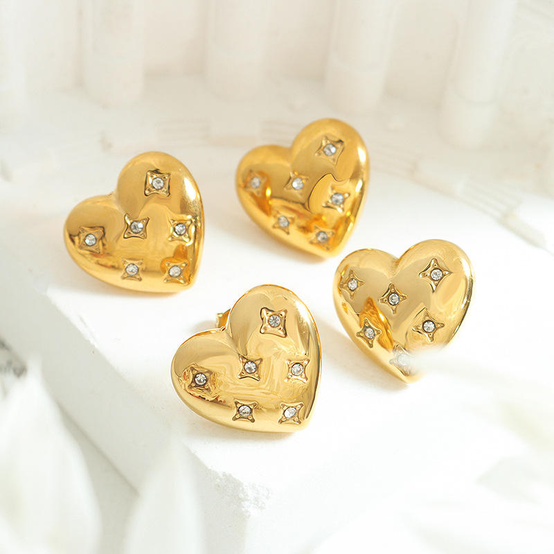 18K Love Heart CZ Stud Earrings