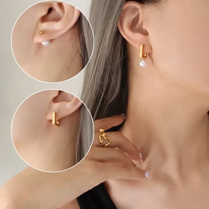 18K Square Pearl Drop Earrings