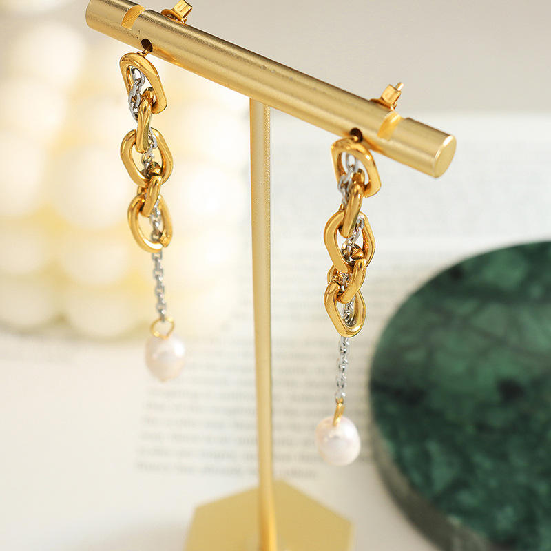 18K Chain Fresh Water Pearl Drop Earrings
