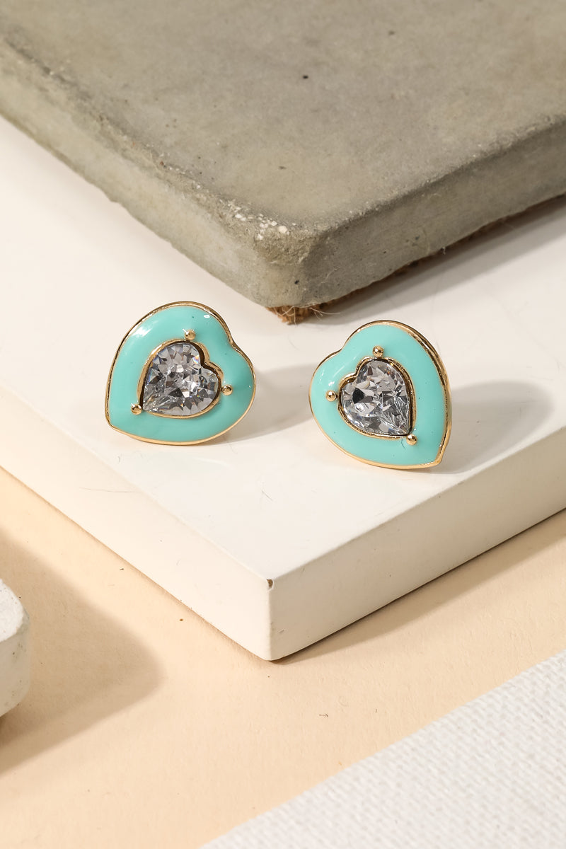 Rhinestone Heart Stud Earrings, Blue