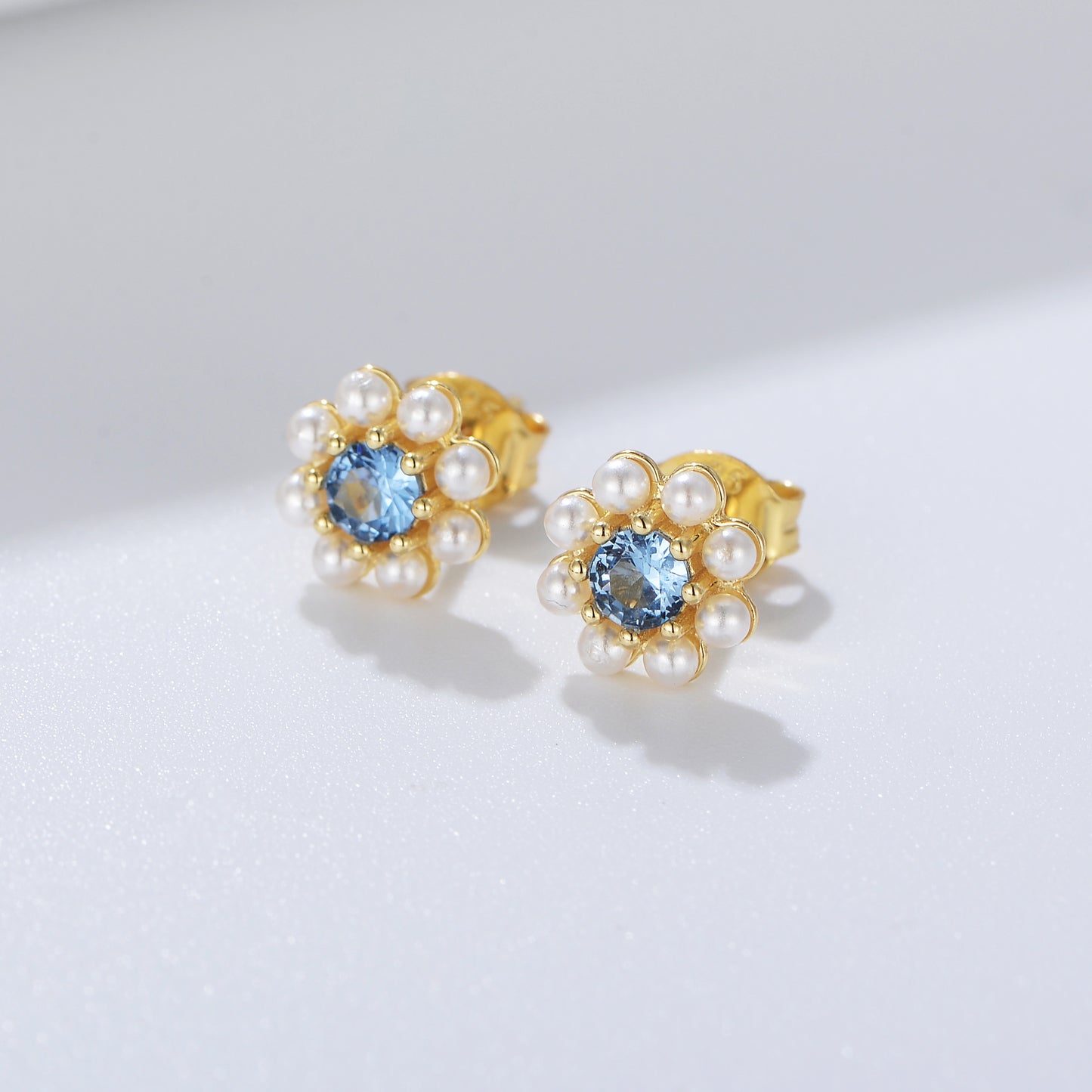 18K Vermeil Aquamarine Pearl Flower Studs