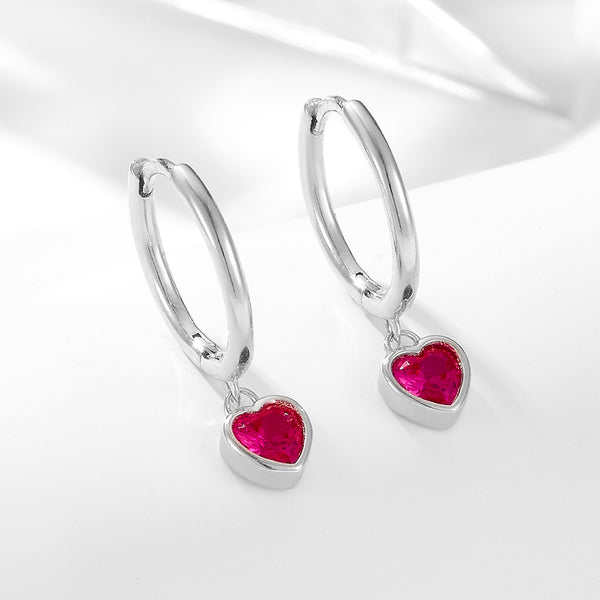 Silver Mini Ruby Heart Charm Huggies