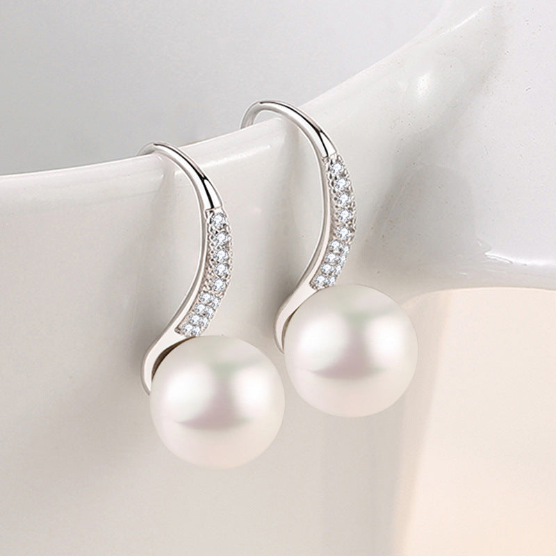 Silver Paved Pearl Hook Earrings