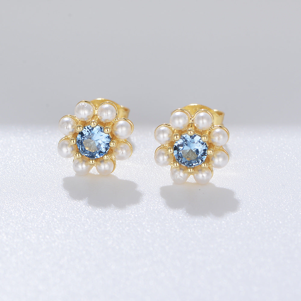 18K Vermeil Aquamarine Pearl Flower Studs