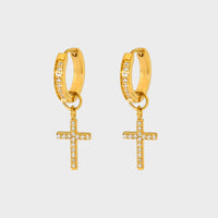 18K Cross Diamond Pendant Huggie Hoop Earrings
