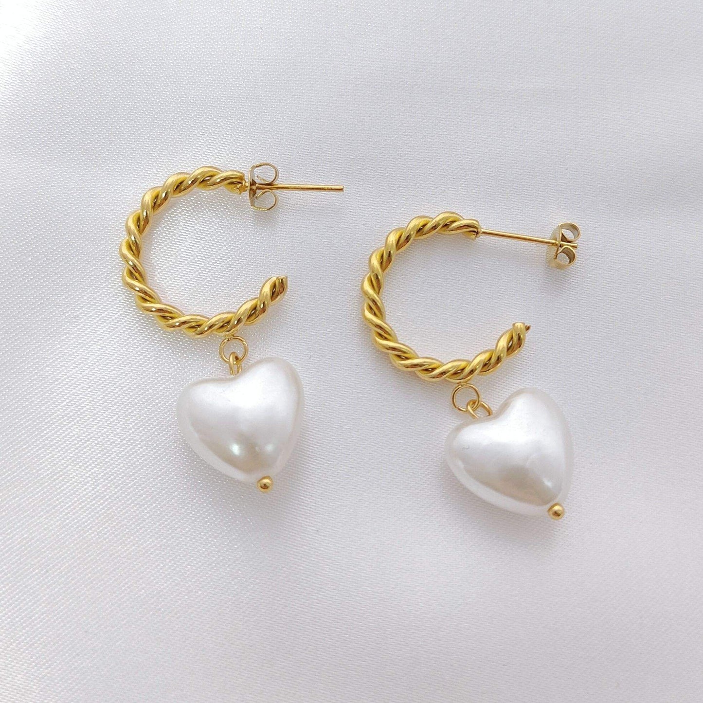 18K C-Shape Pearl Heart Drop Earrings