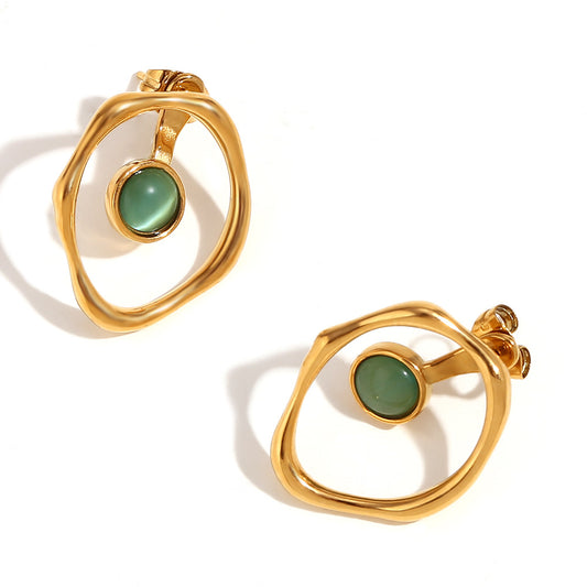 18K Green Opal Round Earrings