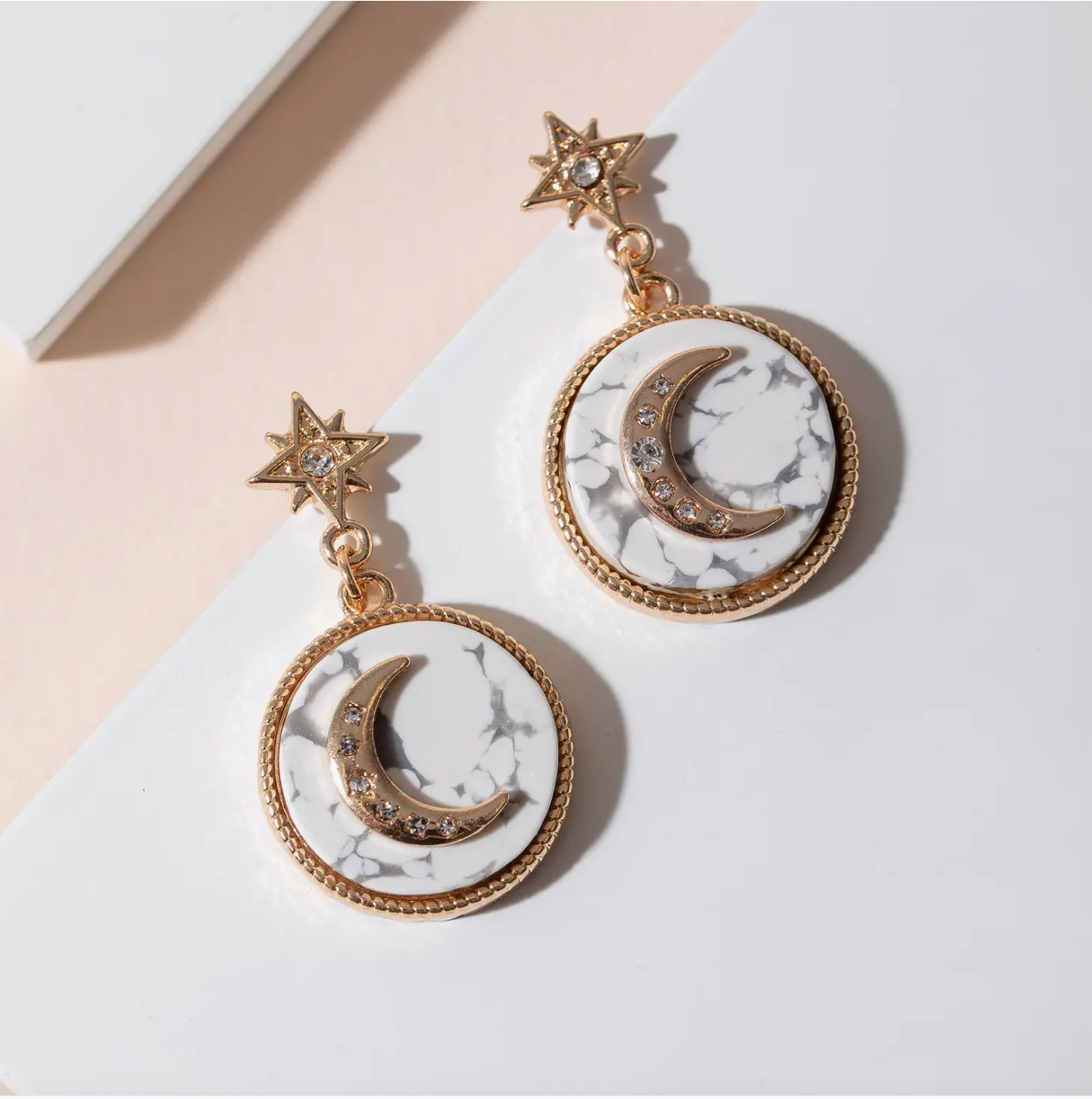 Round Crescent Moon Stone Dangling Earrings, White