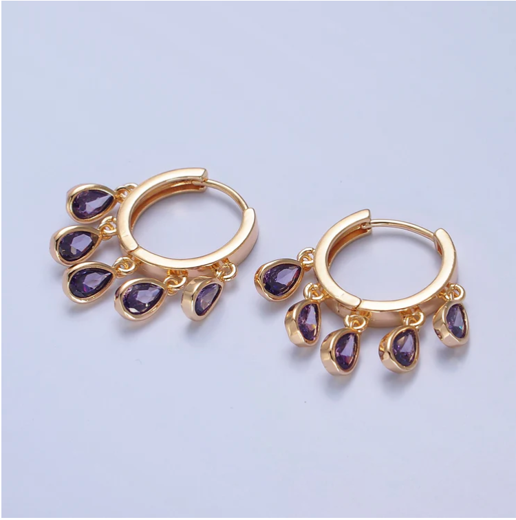 18K Gold Filled Dangle Charm Huggie Earrings, Purple