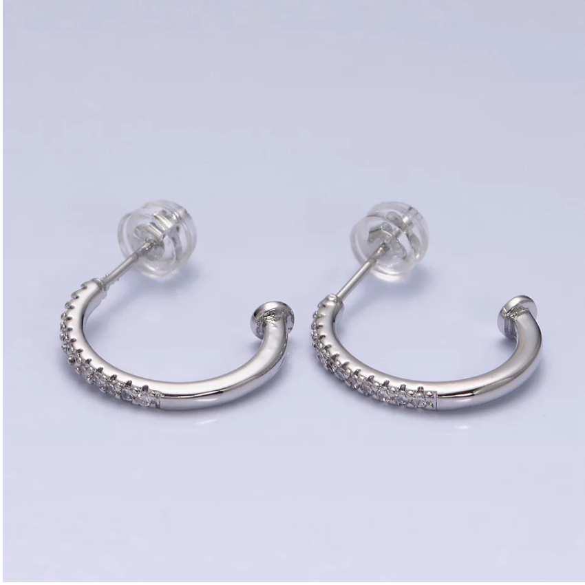 White Gold Filled 15mm CZ Nail C-Shaped Hoop Earrings
