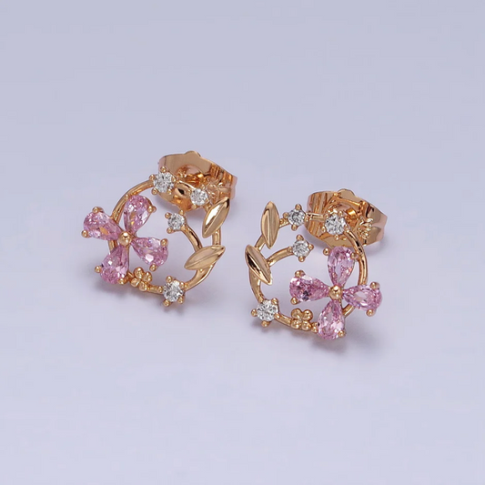 18K Gold Filled Flower Garden Stud Earrings, Pink