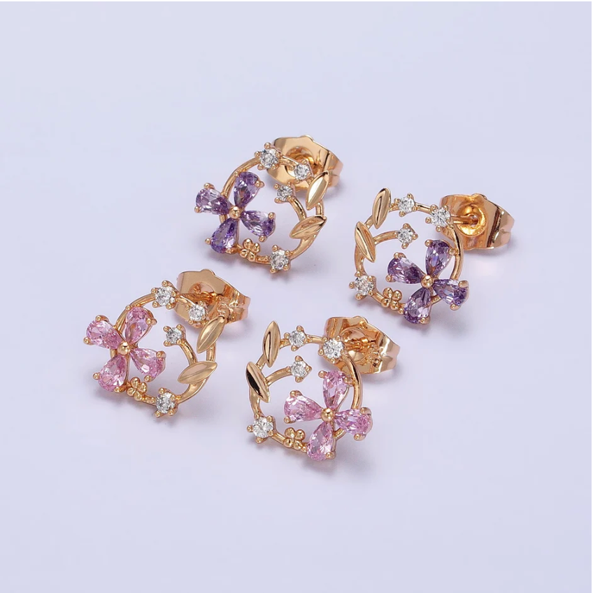 18K Gold Filled Flower Garden Stud Earrings, Pink
