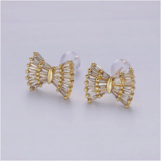 14K Gold Filled Baguette Bow Ribbon Stud Earrings