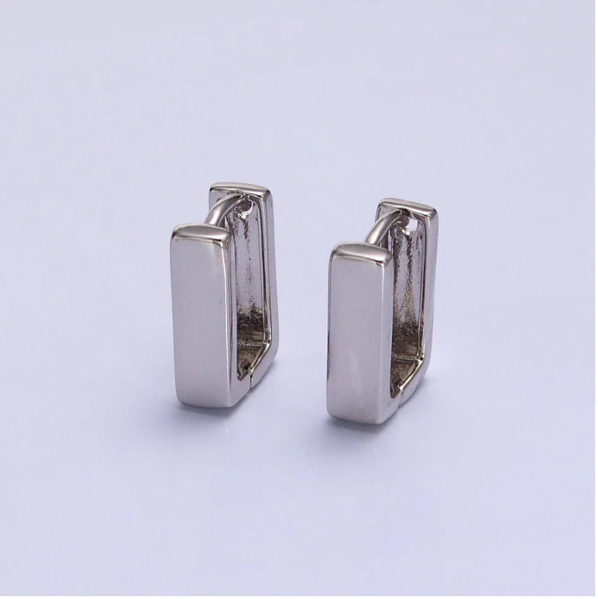 Geometric Square Huggie Hoop Earrings, Silver