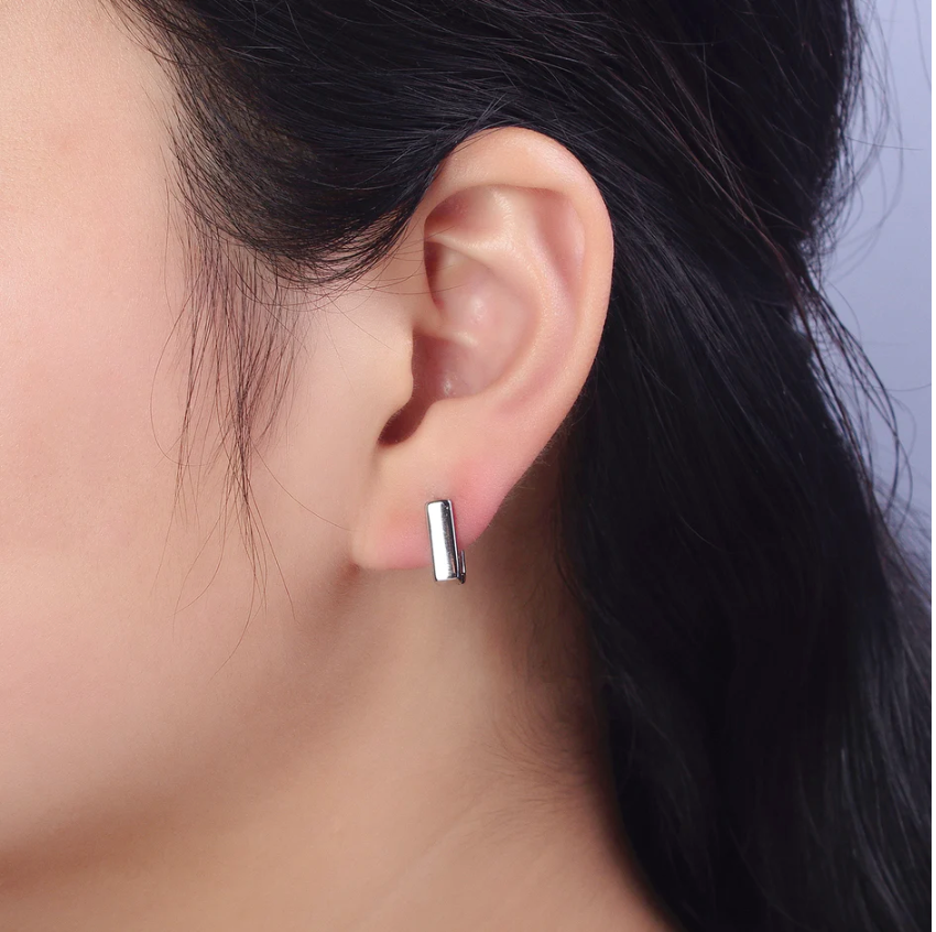 Geometric Square Huggie Hoop Earrings, Silver