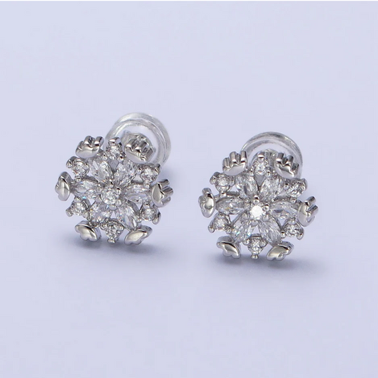 Silver Flower Snowflake Clear CZ Marquise Stud Earrings