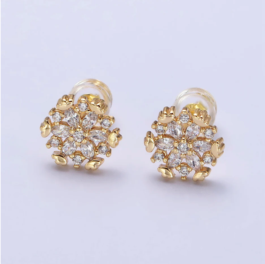18K Gold Flower Snowflake Clear CZ Marquise Stud Earrings