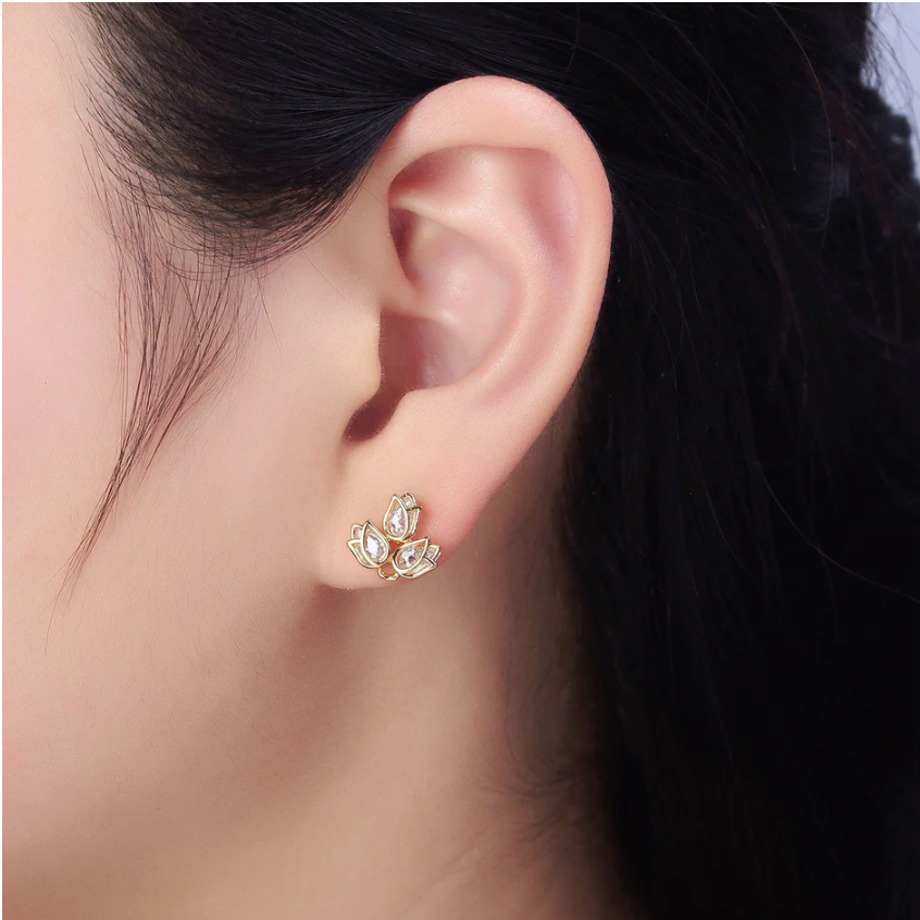 16K Gold Filled Triple Tulip Nature Flower Clear CZ Stud Earrings