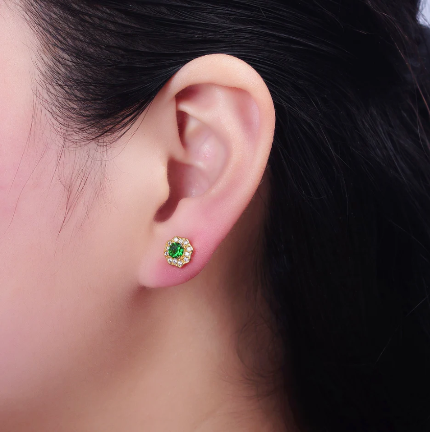 24K Gold Filled Green CZ Flower 8mm Stud Earrings