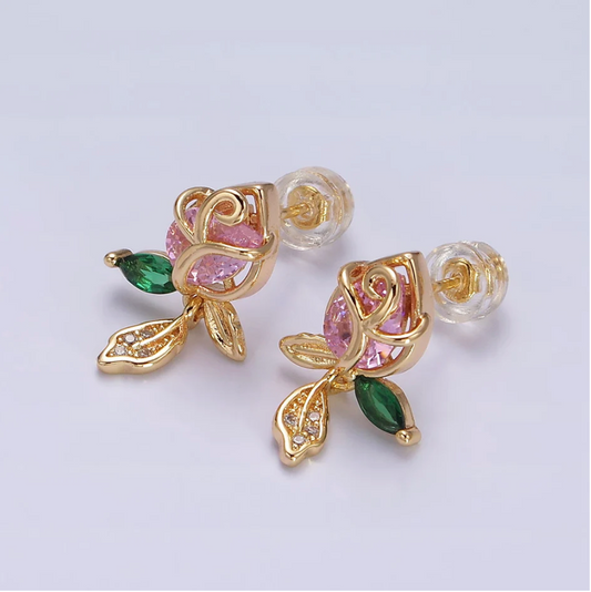 16K Gold Filled Rose Flower CZ Stud Earrings