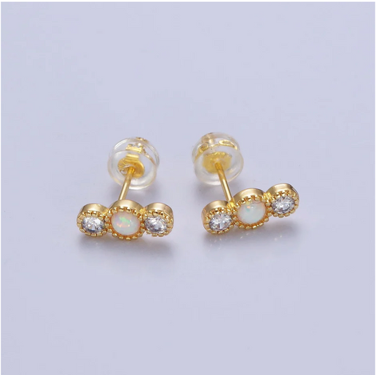 14K Gold Filled Triple Round White Opal Stud Earrings