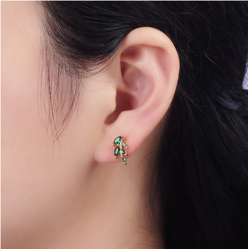 14K Gold Filled Green Marquise Leaf Stud Earrings