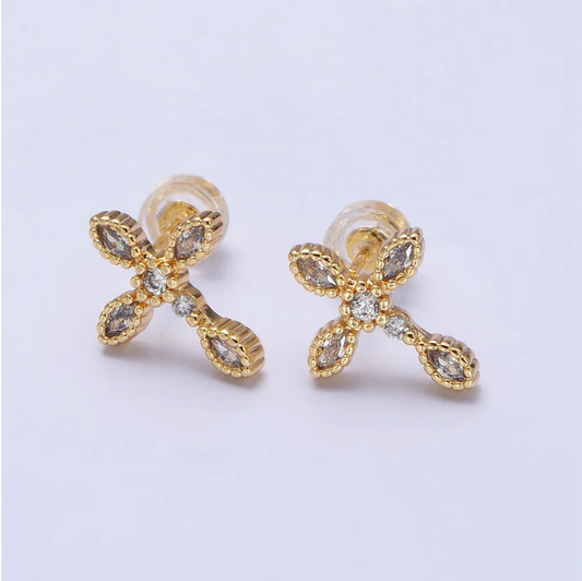 Silver Marquise CZ Religious Cross Stud Earrings